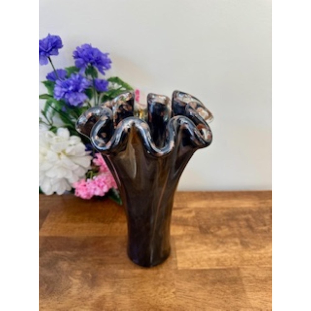 Murano Glass Copper Aventurine Ruffled Art Vase Italy Label Hand‎ Blown